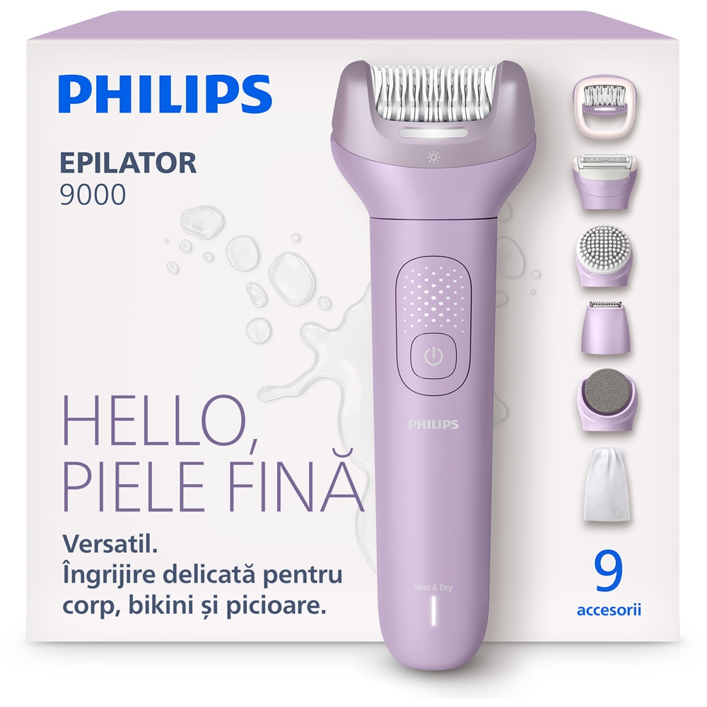 Epilator PHILIPS Seria 9000 BRE728/00, 32 pensete, 2 viteze, 8 accesorii, acumulator, mov