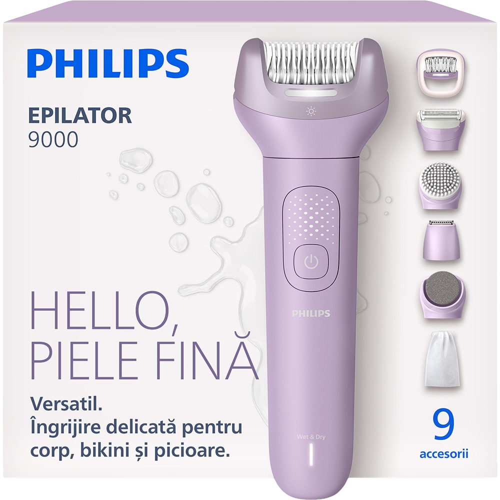 Epilator PHILIPS Seria 9000 BRE728/00, 32 pensete, 2 viteze, 9 accesorii, acumulator, mov