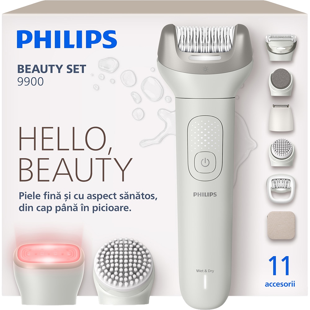 Epilator PHILIPS Seria 9900 BRE750/00, 32 pensete, 2 viteze, 10 acesorii, acumulator, gri