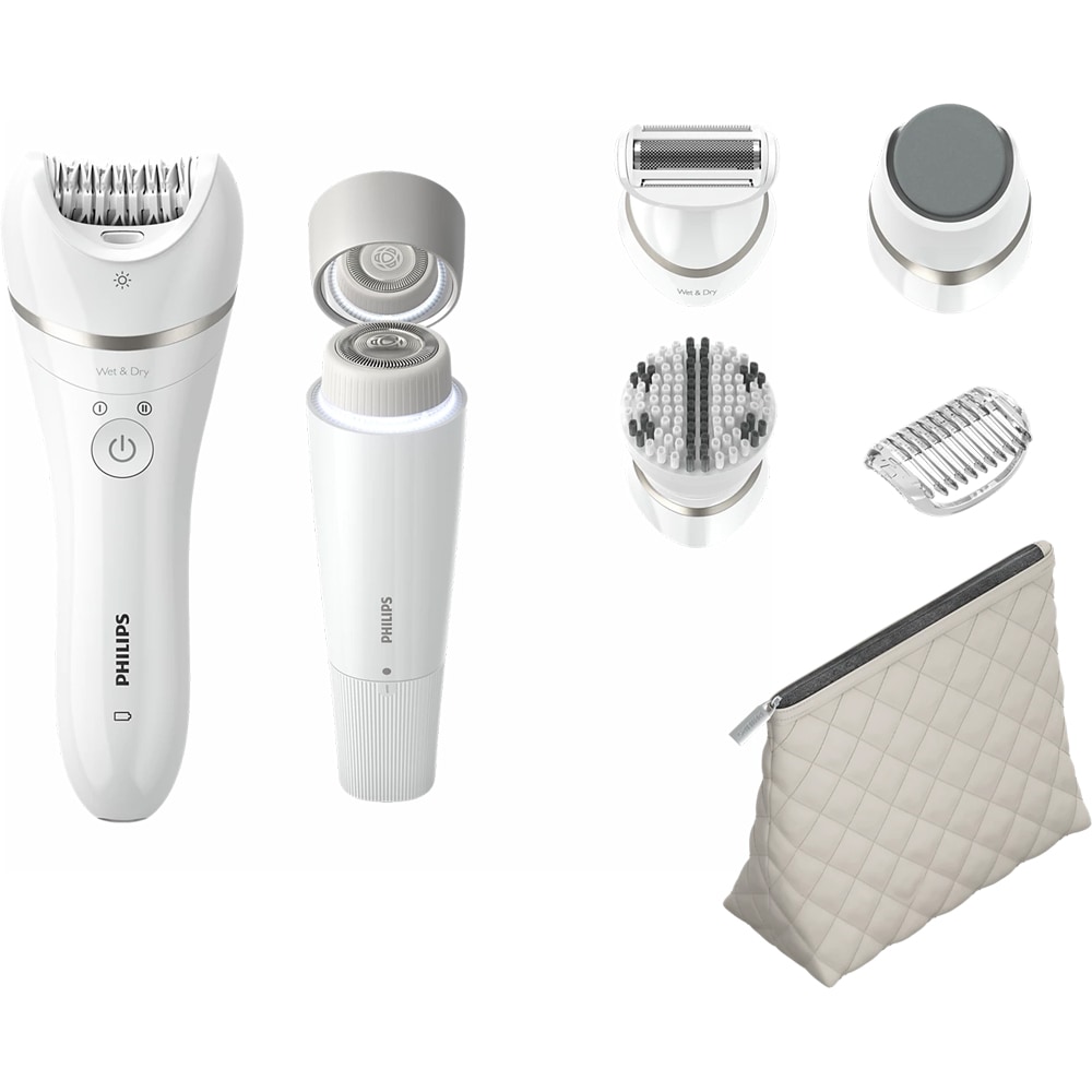 Epilator PHILIPS Seria 9000 BRE770/92, 32 pensete, 2 viteze, 6 accesorii, acumulator, alb