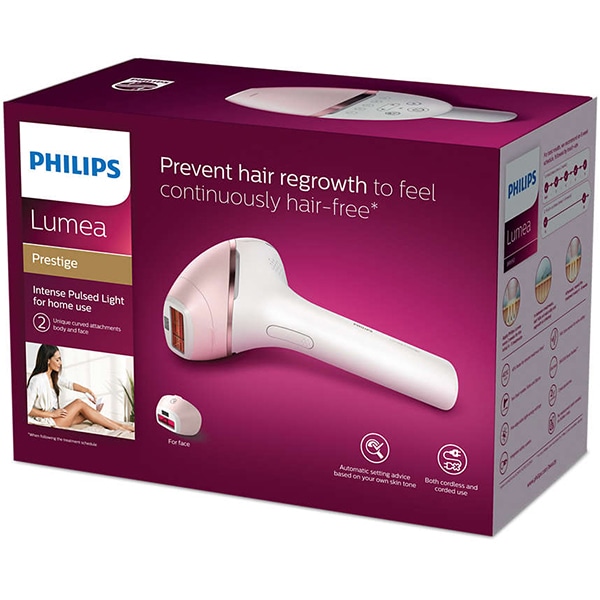 Epilator IPL PHILIPS Lumea Prestige BRI956/00, 250.000 de pulsatii, 4 accesorii, senzor SmartSkin, acumulator, alb-auriu
