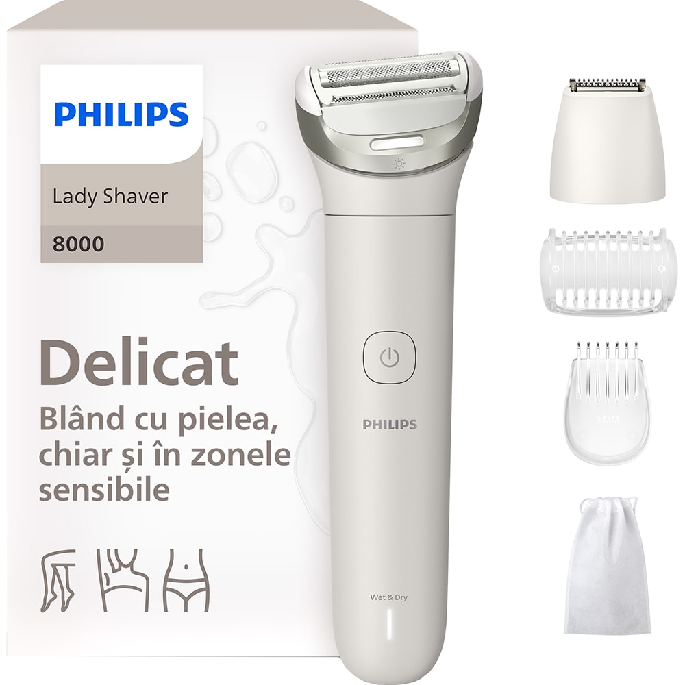 Aparat de ras pentru femei PHILIPS Seria 8000 BRL147/00, 2 viteze, 3 accesorii, Wet&Dry, acumulator, alb