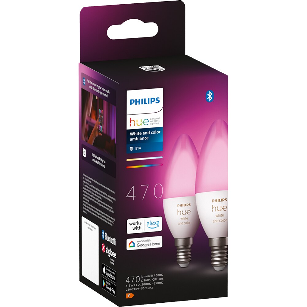 Set 2 becuri LED PHILIPS HUE, E14, 4W, 470 lm, Wi-Fi, lumina variabila, compatibil Alexa, Google Assistant