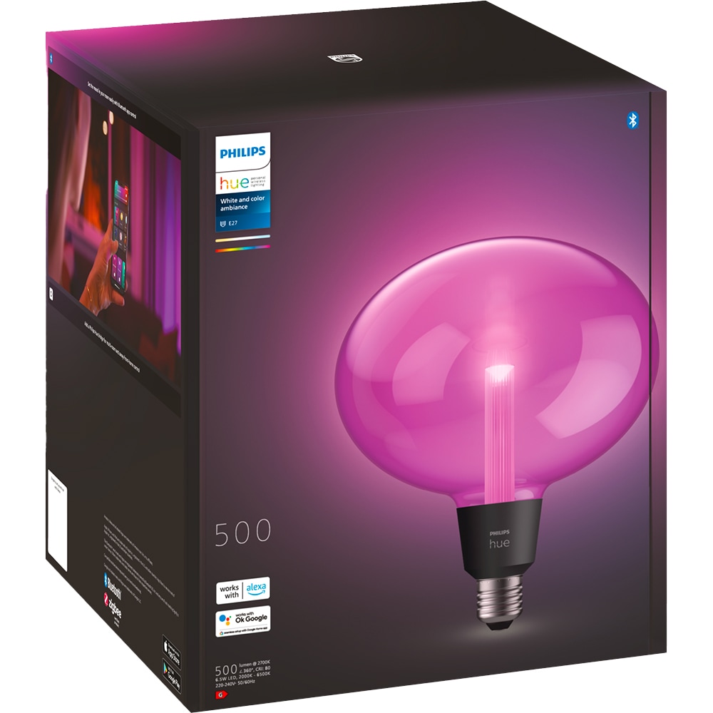 Bec LED PHILIPS HUE, E27, 6.5W, 500 lm, Wi-Fi, lumina variabila, compatibil Alexa, Google Assistant