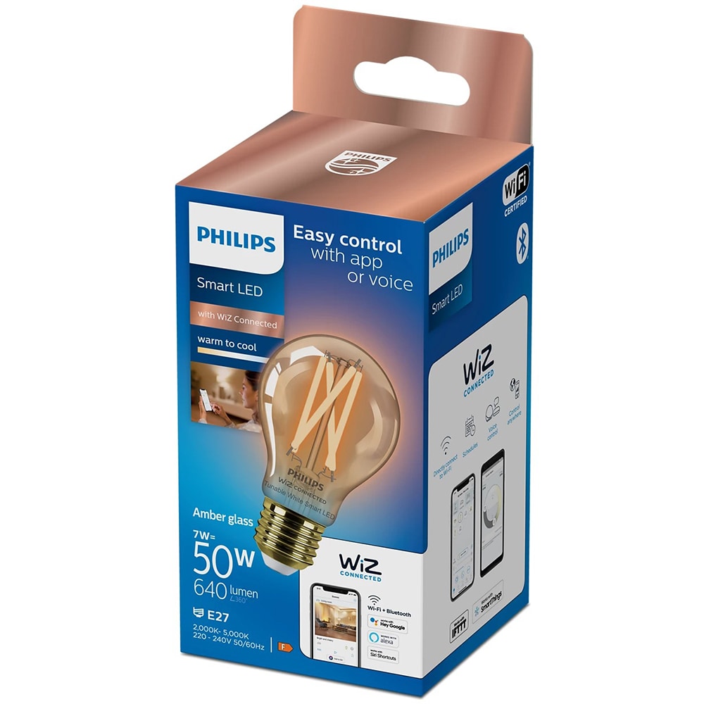 Bec LED Smart PHILIPS 8719514372023, E27, 7W, 640lm, Wi-Fi, lumina variabila, compatibil Alexa, Google Assistant