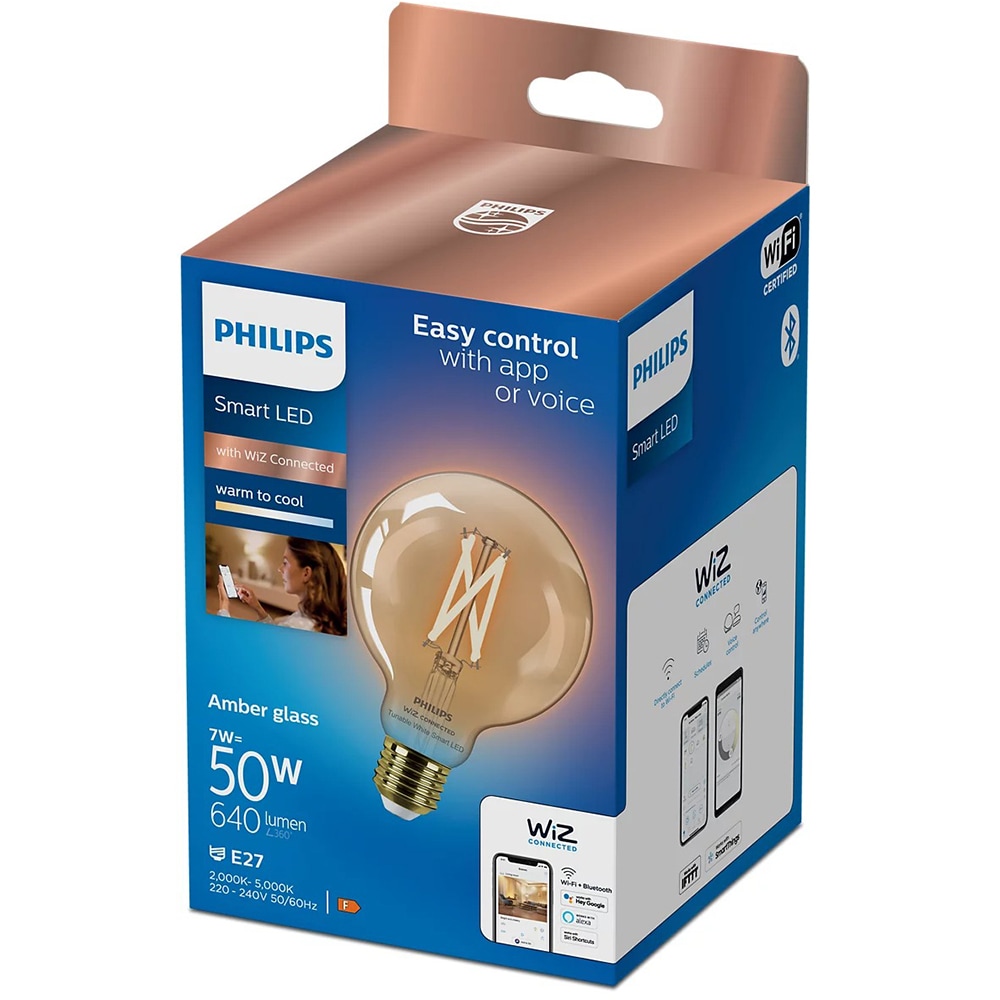 Bec LED Smart PHILIPS 8719514372207, E27, 7W, 640lm, Wi-Fi, lumina variabila, compatibil Alexa, Google Assistant