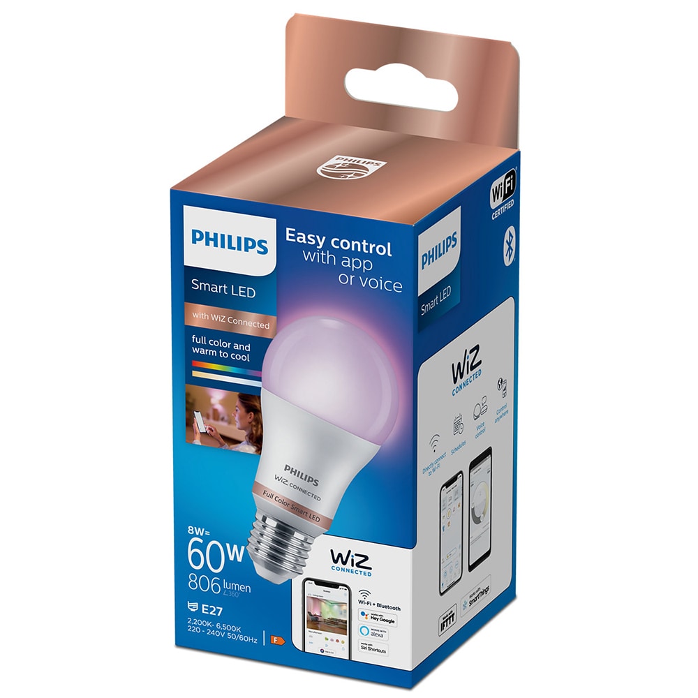 Bec LED Smart PHILIPS 8719514372443, E27, 8W, 806lm, Bluetooth, Wi-Fi, lumina variabila, compatibil Alexa, Google Assistant