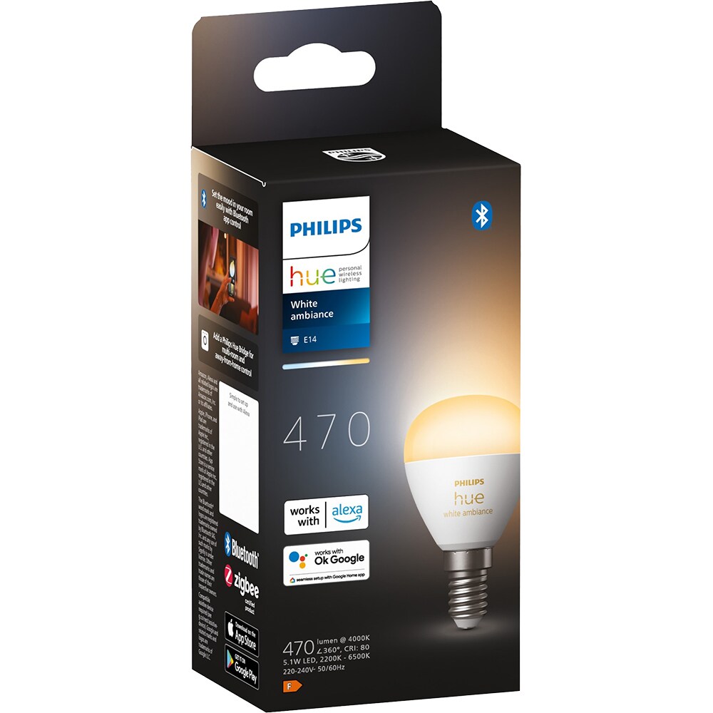 Bec LED Smart PHILIPS Hue 8719514491106, E14, 5.1W, 470lm, Wi-Fi, lumina variabila, compatibil Alexa, Google Assistant