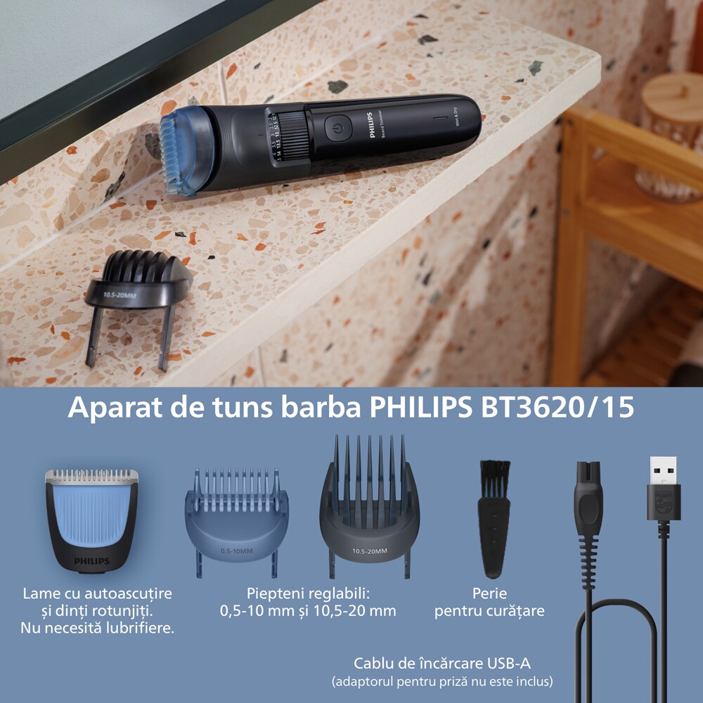 Aparat de tuns barba PHILIPS Series 3000 BT3620/15, acumulator, autonomie 70 min, negru