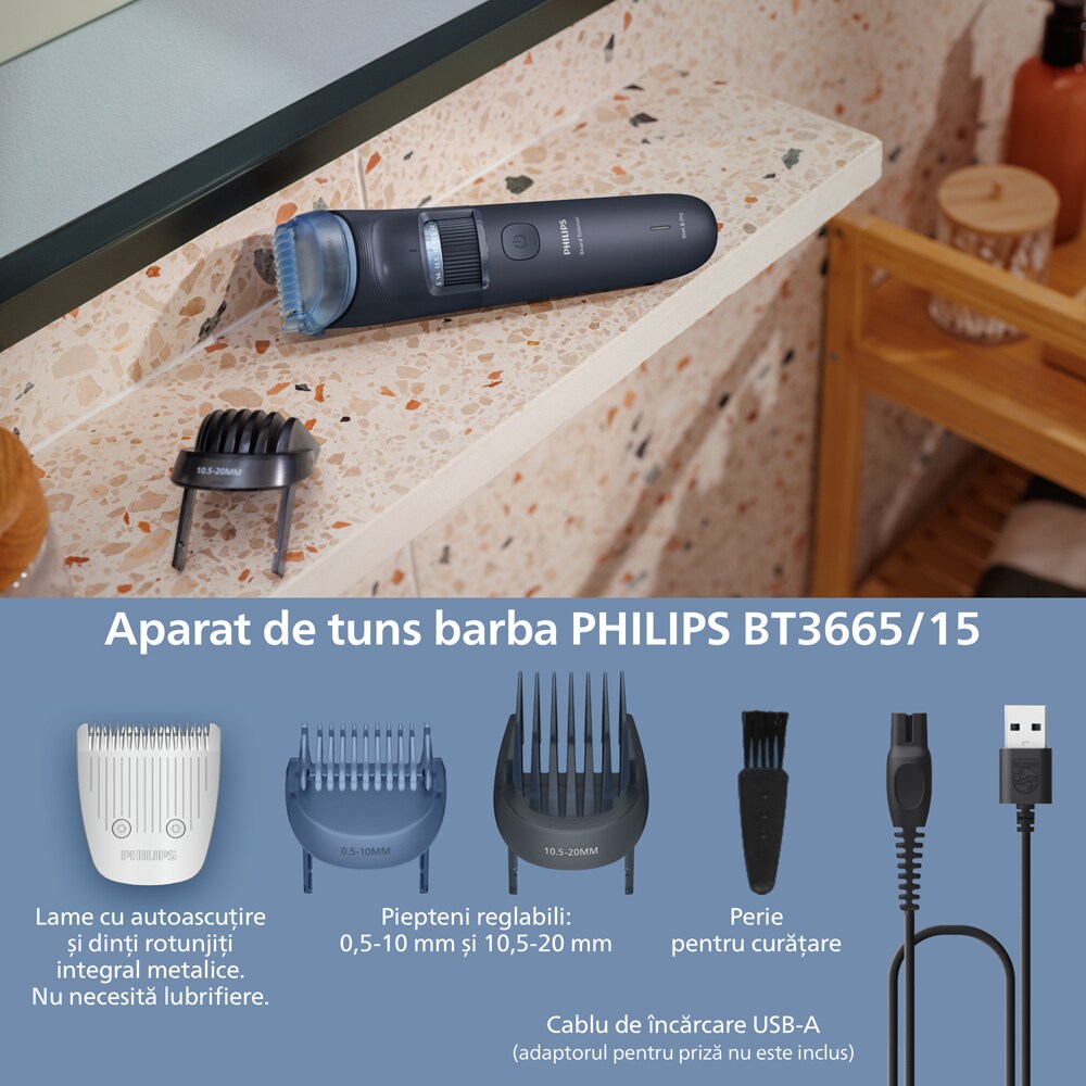 Aparat de tuns barba PHILIPS Series 3000 BT3665/15, acumulator, autonomie 80 min, negru