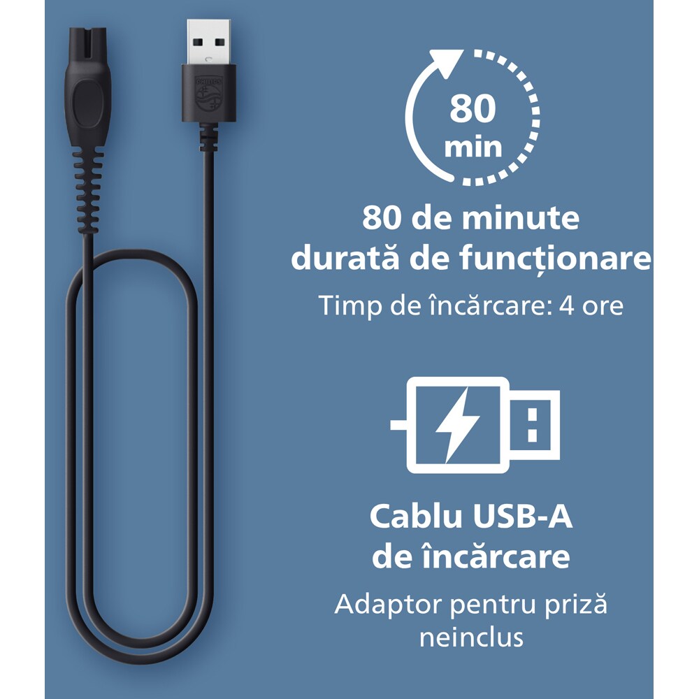Aparat de tuns barba PHILIPS Series 3000 BT3665/15, acumulator, autonomie 80 min, negru