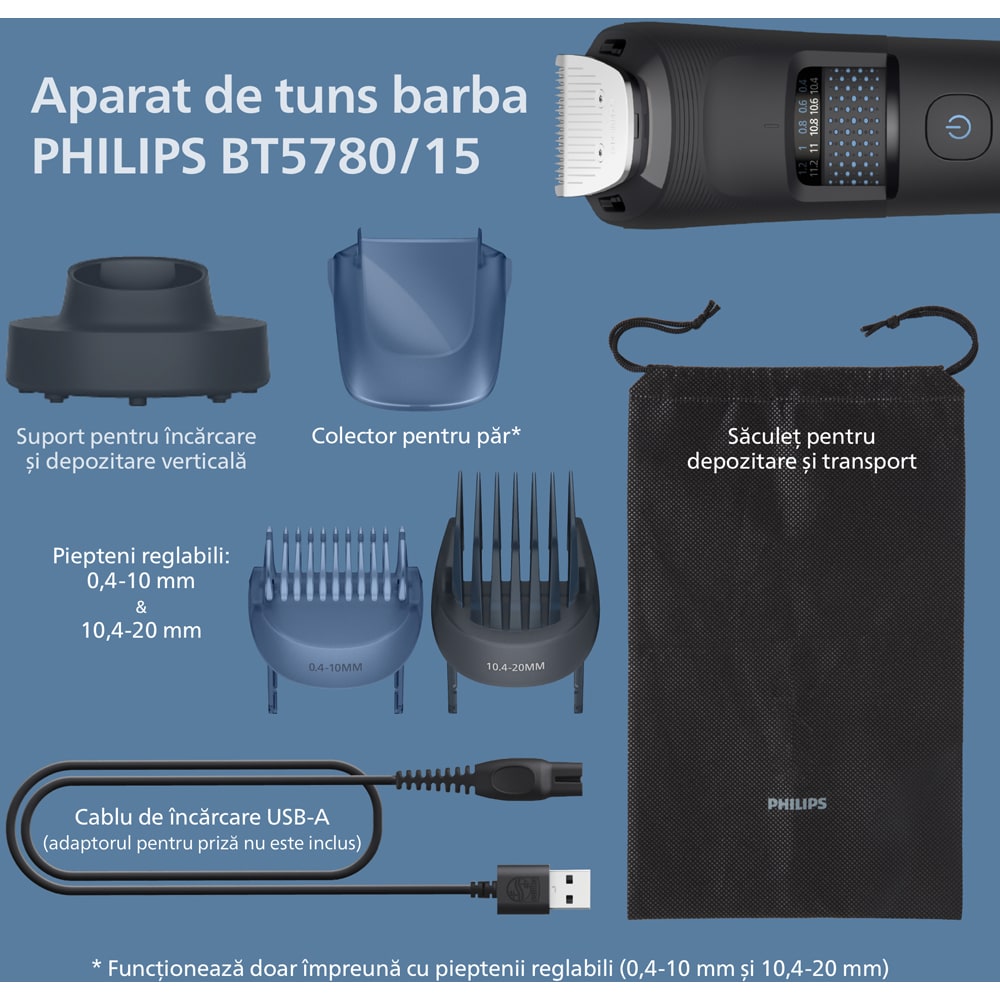 Aparat de tuns barba PHILIPS Series 5000 BT5780/15, acumulator, autonomie 100 min, negru