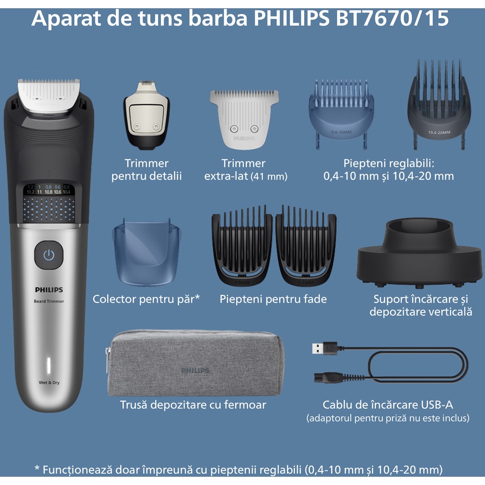Aparat de tuns barba PHILIPS Series 7000 BT7670/15, acumulator, autonomie 120 min, gri