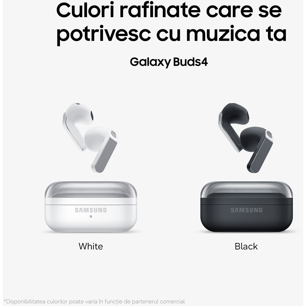 Casti SAMSUNG Galaxy Buds4, True Wireless, Bluetooth, In-Ear, Microfon, Noise Cancelling, Carcasa incarcare wireless, alb
