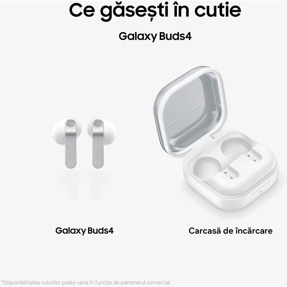 Casti SAMSUNG Galaxy Buds4, True Wireless, Bluetooth, In-Ear, Microfon, Noise Cancelling, Carcasa incarcare wireless, alb