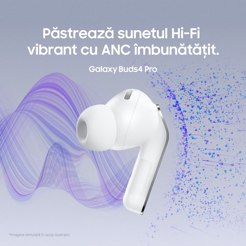 Casti SAMSUNG Galaxy Buds4 Pro, True Wireless, Bluetooth, In-Ear, Microfon, Carcasa Incarcare Wireless, Noise Cancelling, alb