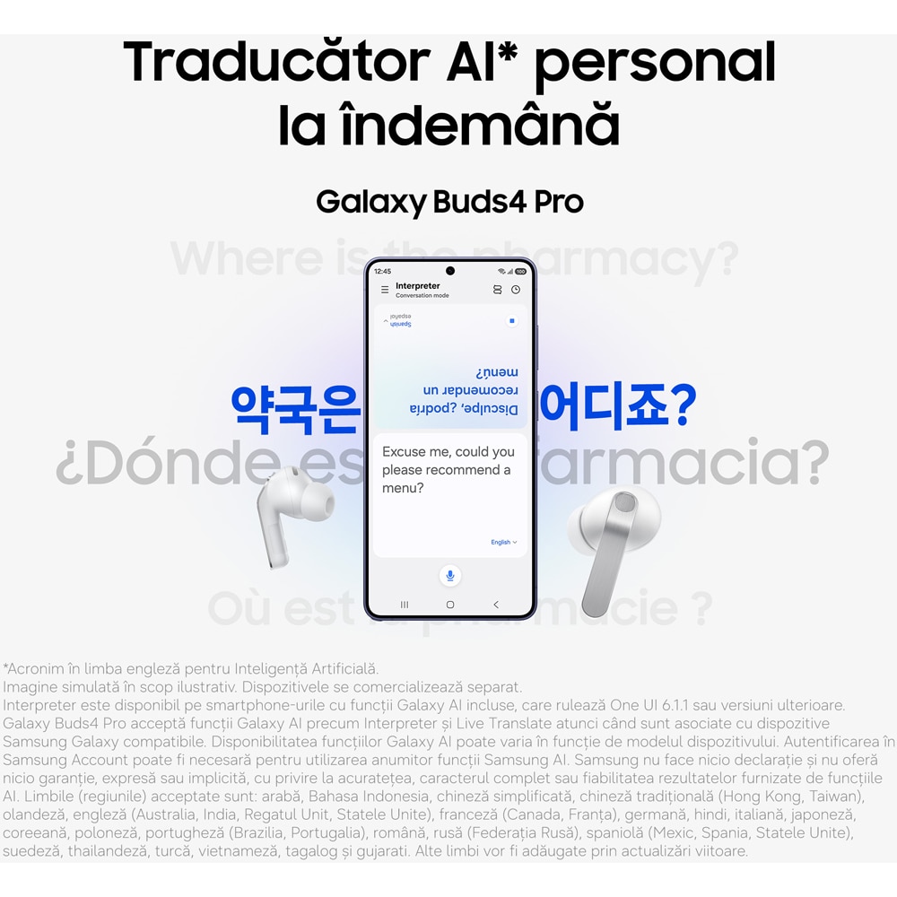 Casti SAMSUNG Galaxy Buds4 Pro, True Wireless, Bluetooth, In-Ear, Microfon, Carcasa Incarcare Wireless, Noise Cancelling, alb