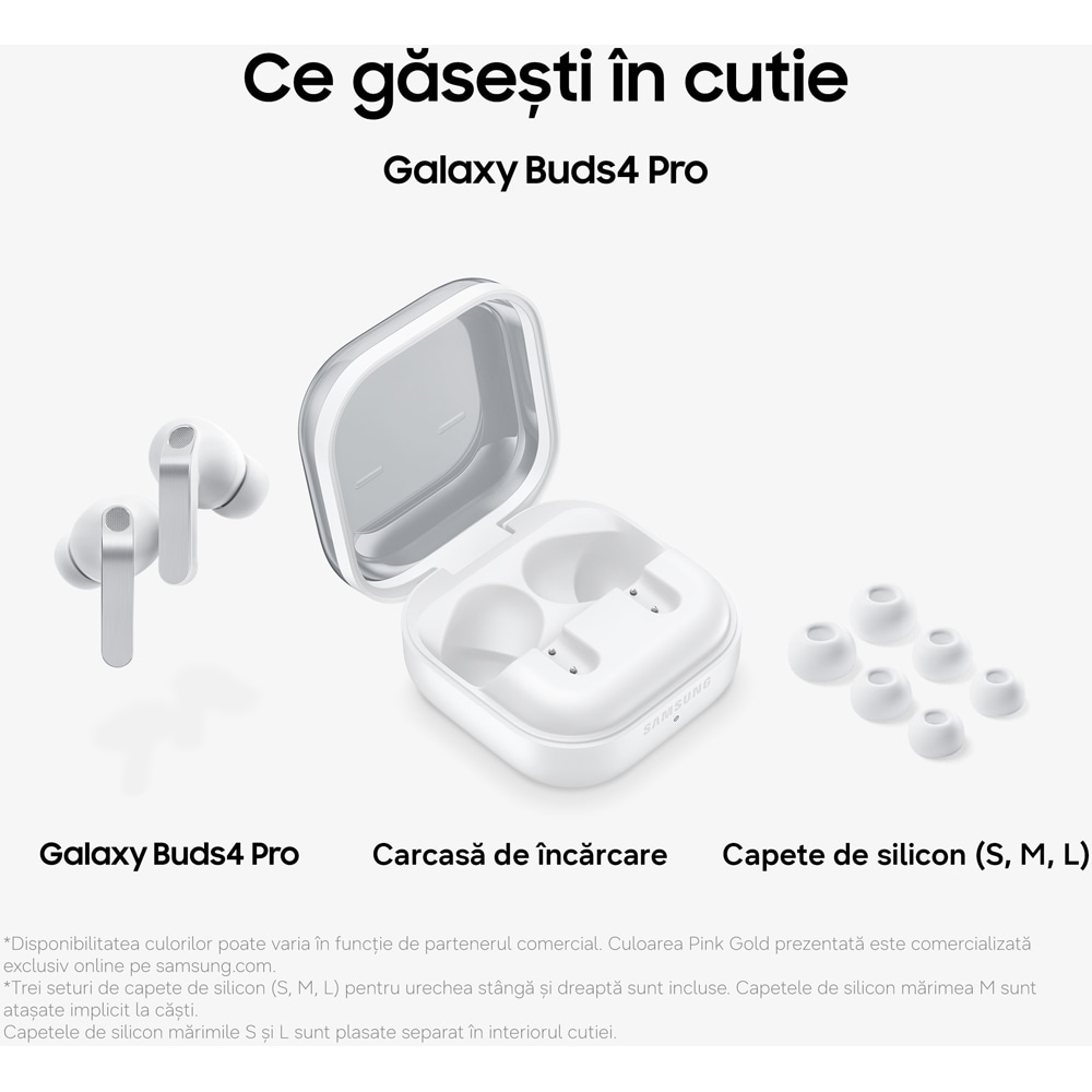 Casti SAMSUNG Galaxy Buds4 Pro, True Wireless, Bluetooth, In-Ear, Microfon, Carcasa Incarcare Wireless, Noise Cancelling, alb