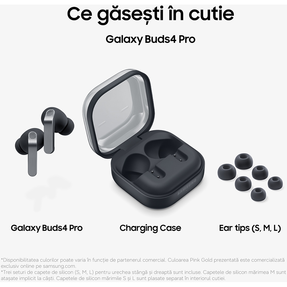 Casti SAMSUNG Galaxy Buds4 Pro, True Wireless, Bluetooth, In-Ear, Microfon, Carcasa Incarcare Wireless, Noise Cancelling, negru