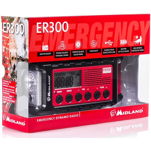 Statie de urgenta Midland ER300 C1173 cu receptor AM/FM, incarcare solara sau dinam