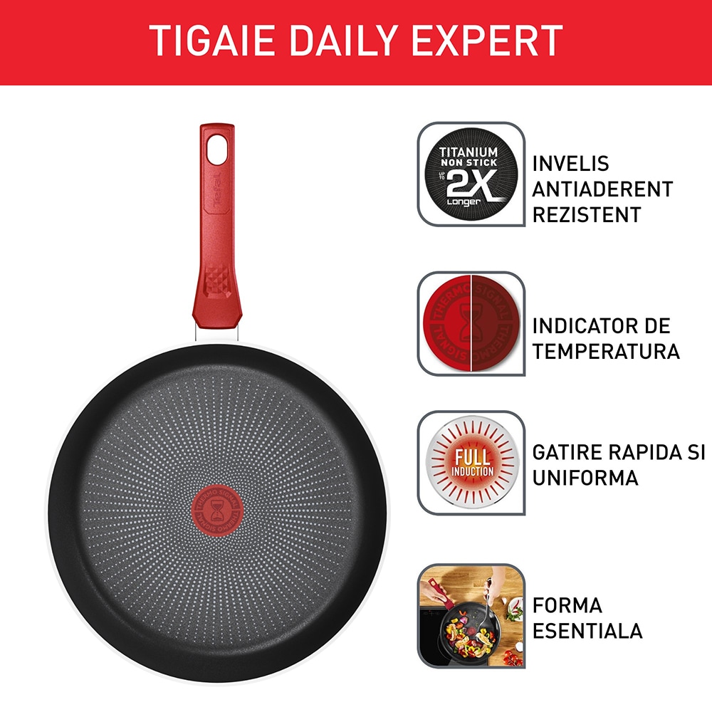 Tigaie TEFAL Daily Expert, 28 cm, aluminiu, Thermo-Signal, invelis antiaderent, rosu