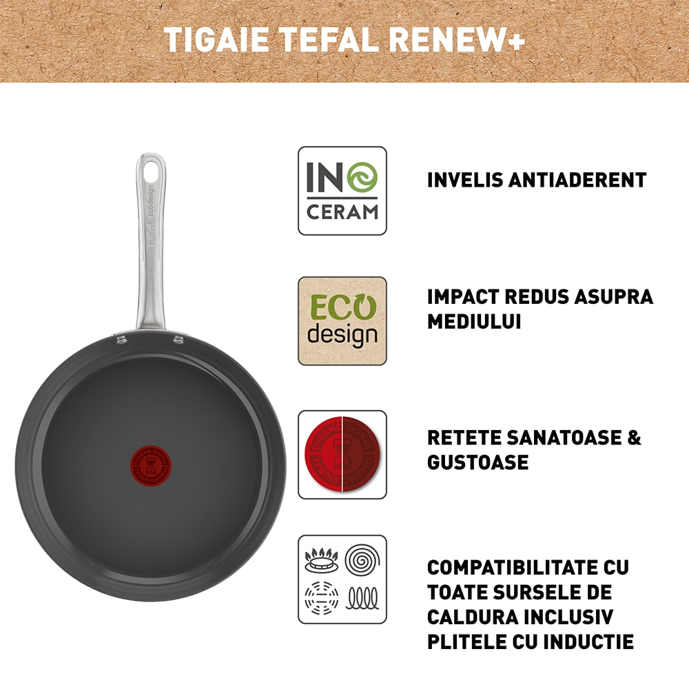 Tigaie TEFAL Renew+, 30 cm, aluminiu reciclat, Thermo-Signal, invelis ceramic, gri