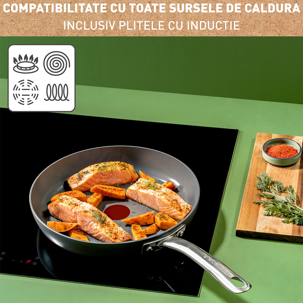 Tigaie TEFAL Renew+, 30 cm, aluminiu reciclat, Thermo-Signal, invelis ceramic, gri