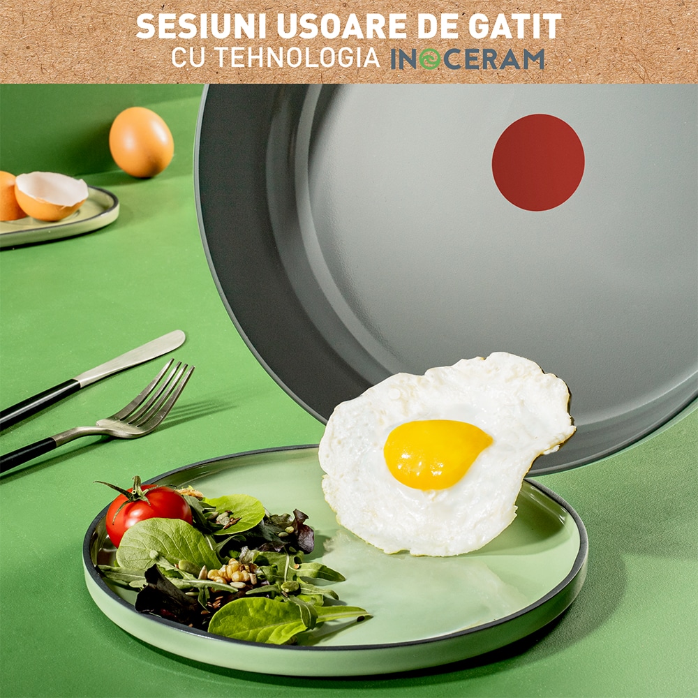 Tigaie TEFAL Renew+, 30 cm, aluminiu reciclat, Thermo-Signal, invelis ceramic, gri