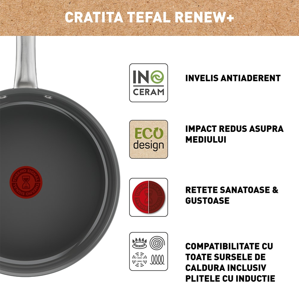 Cratita TEFAL Renew+, 24 cm, aluminiu, gri