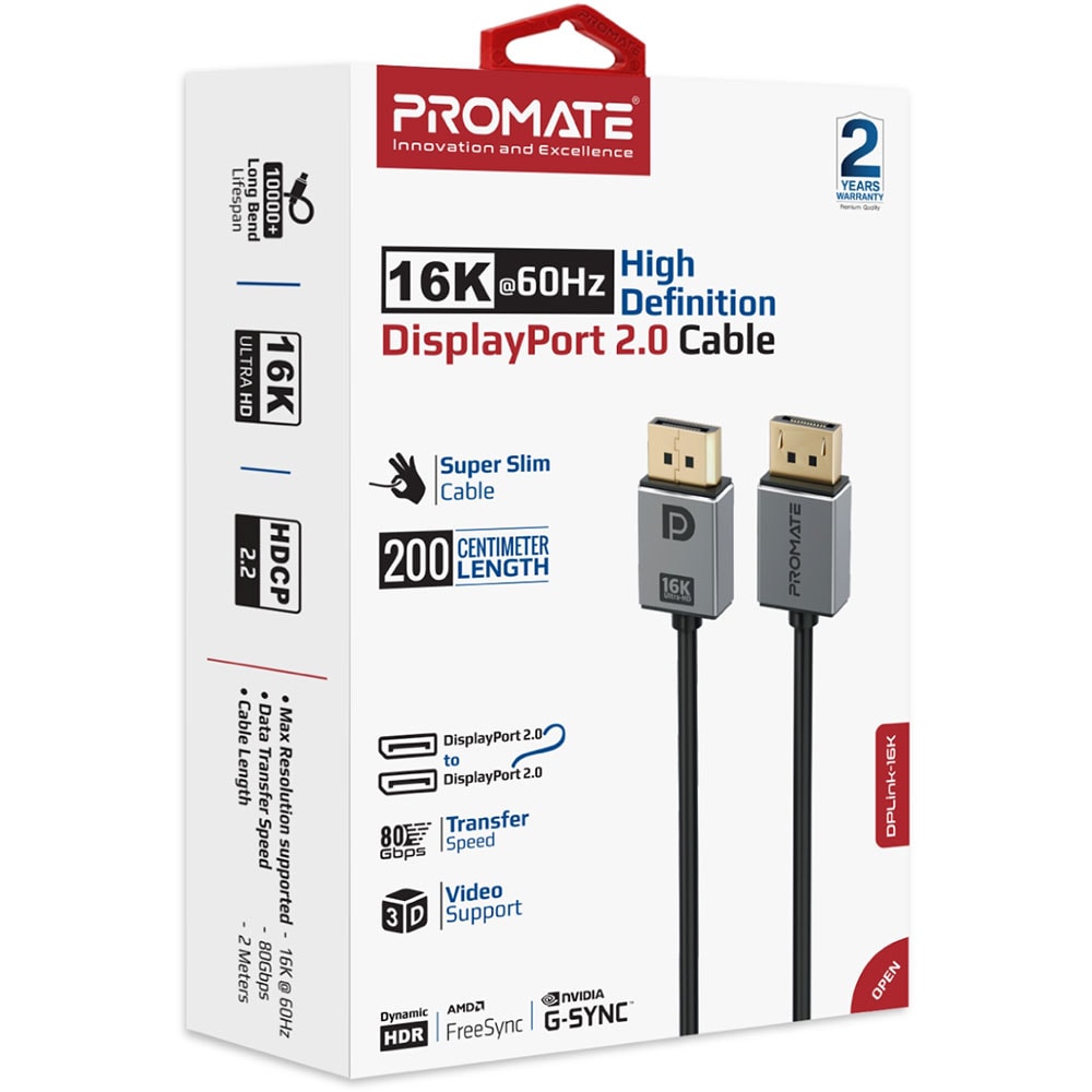 Cablu DisplayPort PROMATE DPLINK-16K, 2m, negru-argintiu