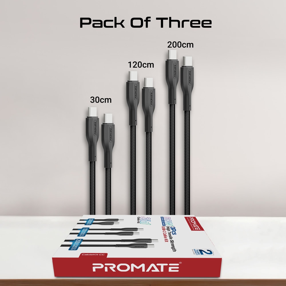 Cablu de date PROMATE CableKit-CC, USB-C - USB-C, 0.3m, 1.2m, 2m, negru
