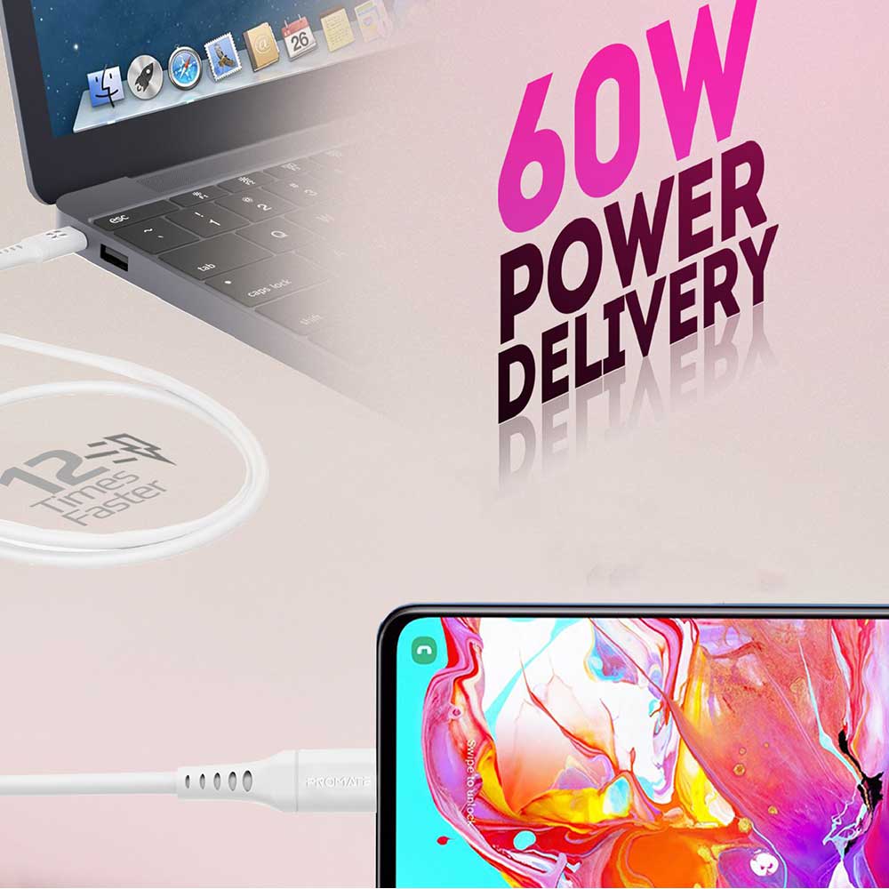 Cablu date PROMATE PowerLink-CC120, USB-C - USB-C, Power Delivery (PD) 60W, 1.2m, alb