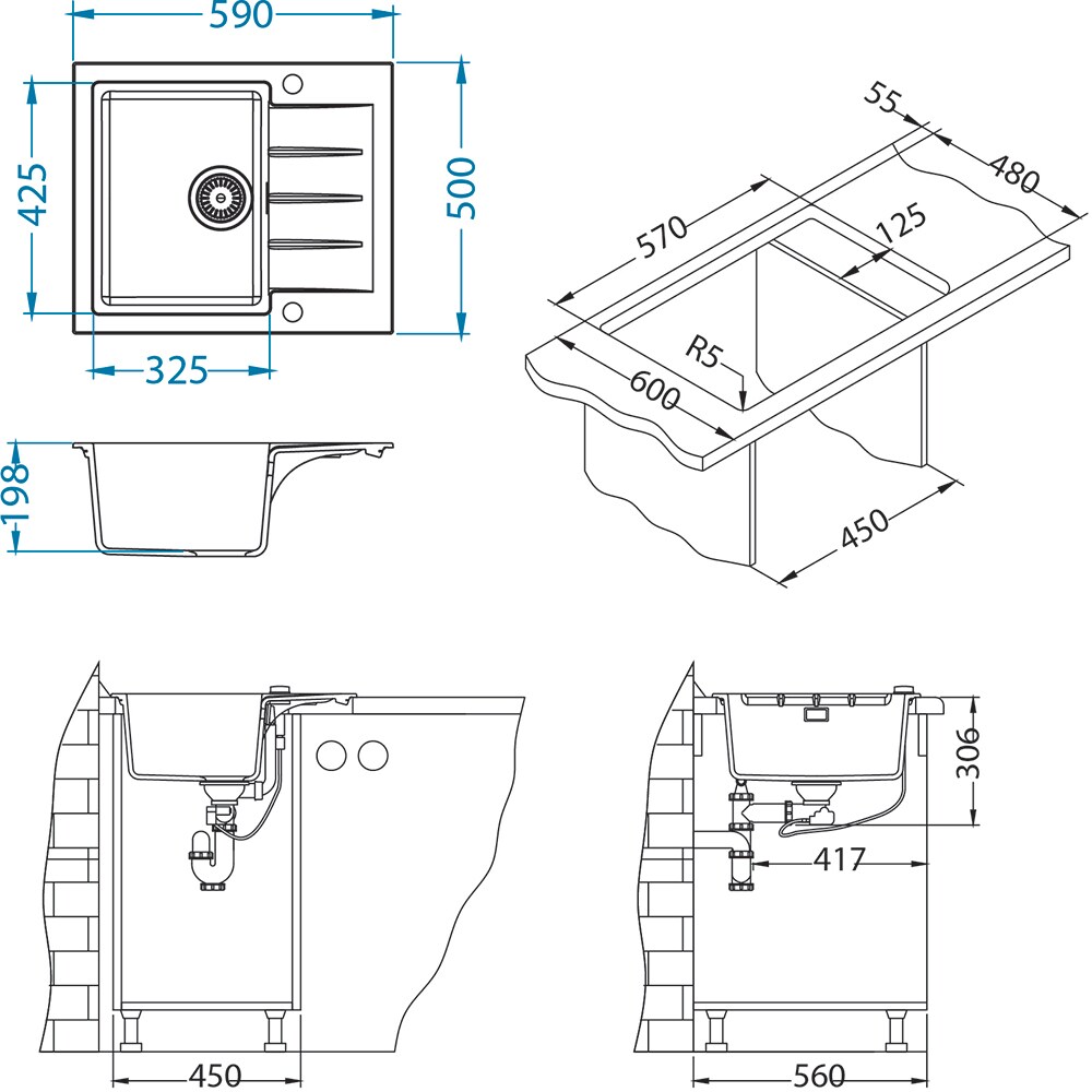 Chiuveta bucatarie ALVEUS Cadit 10 A91, 1 cuva, picurator reversibil, compozit granit, negru