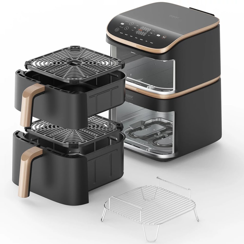 Friteuza cu aer cald dubla COSORI Turbo Tower Pro Smart CAFDC123SDEUR, 10.8l,  2630W, 3 rezistente, negru-auriu
