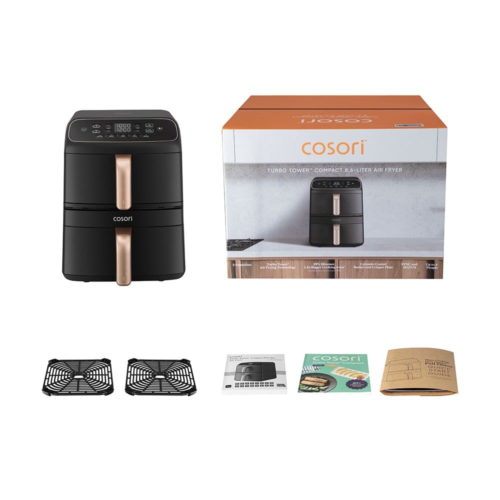 Friteuza cu aer cald dubla COSORI Turbo Tower Compact CAF-DC861-CEUR, 8.6l, 2630W, negru-auriu