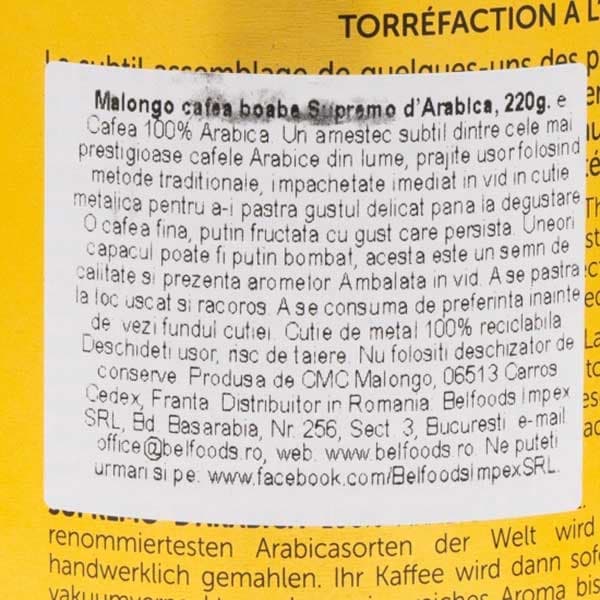 Cafea boabe MALONGO Supremo Arabica, 220g