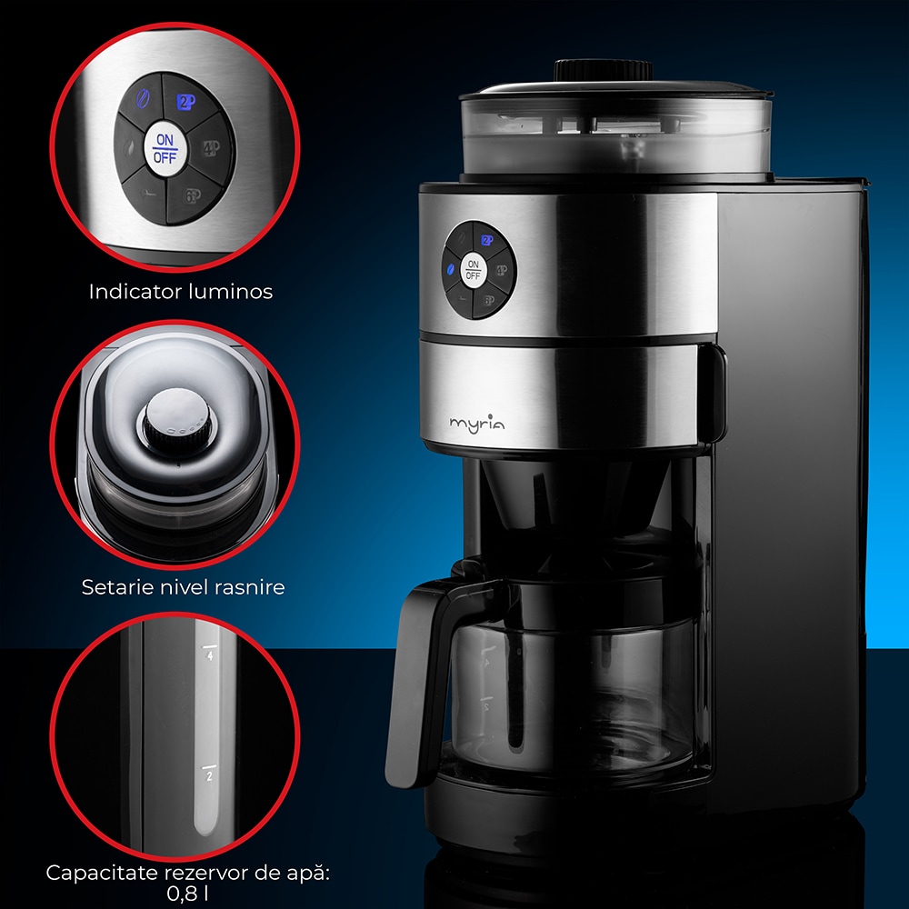 Cafetiera cu rasnita MYRIA MY4444, 0.8l, 820W, 6 cesti, argintiu-negru