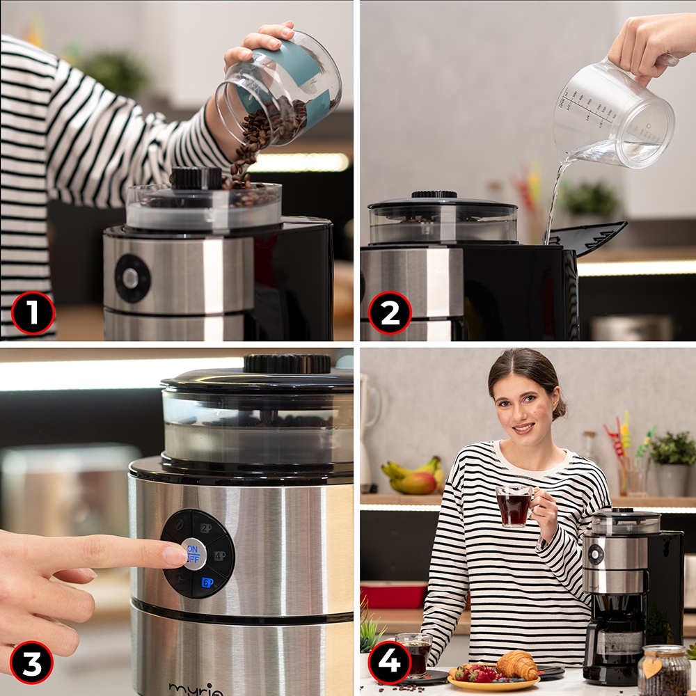 Cafetiera cu rasnita MYRIA MY4444, 0.8l, 820W, 6 cesti, argintiu-negru