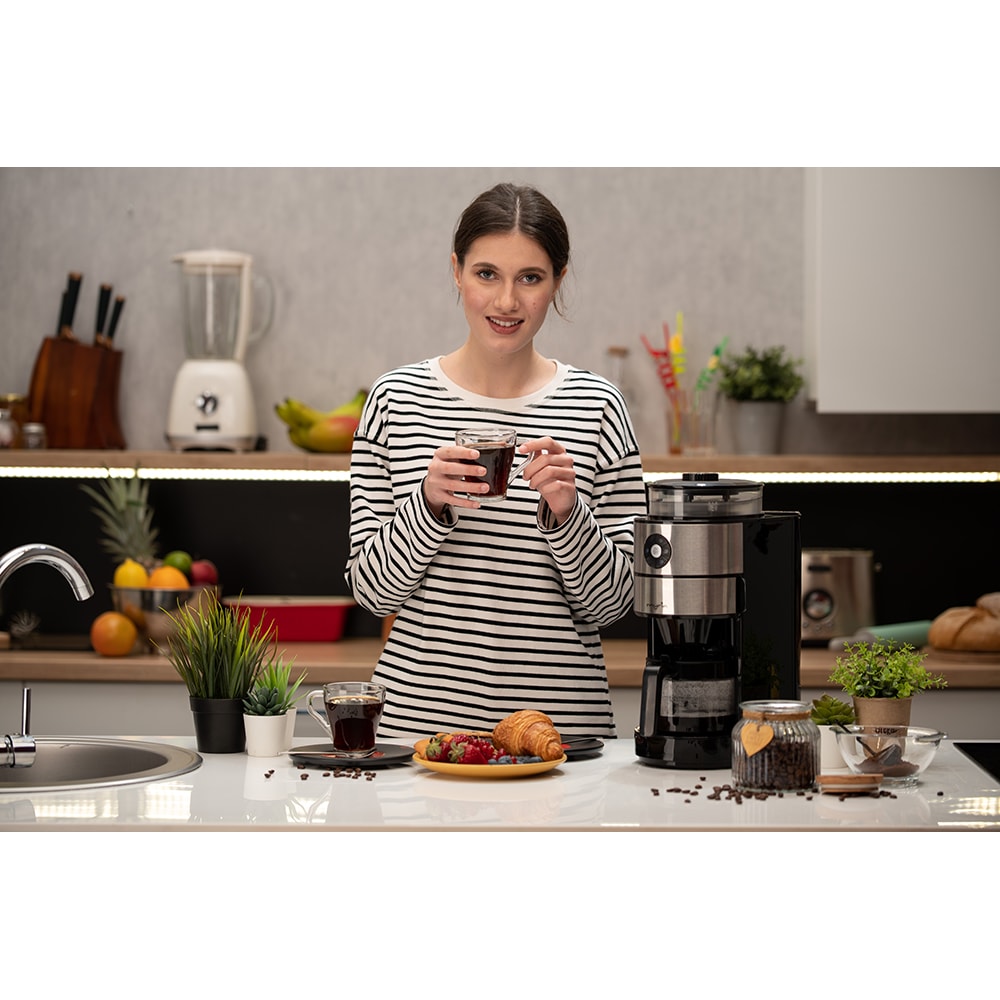 Cafetiera cu rasnita MYRIA MY4444, 0.8l, 820W, 6 cesti, argintiu-negru