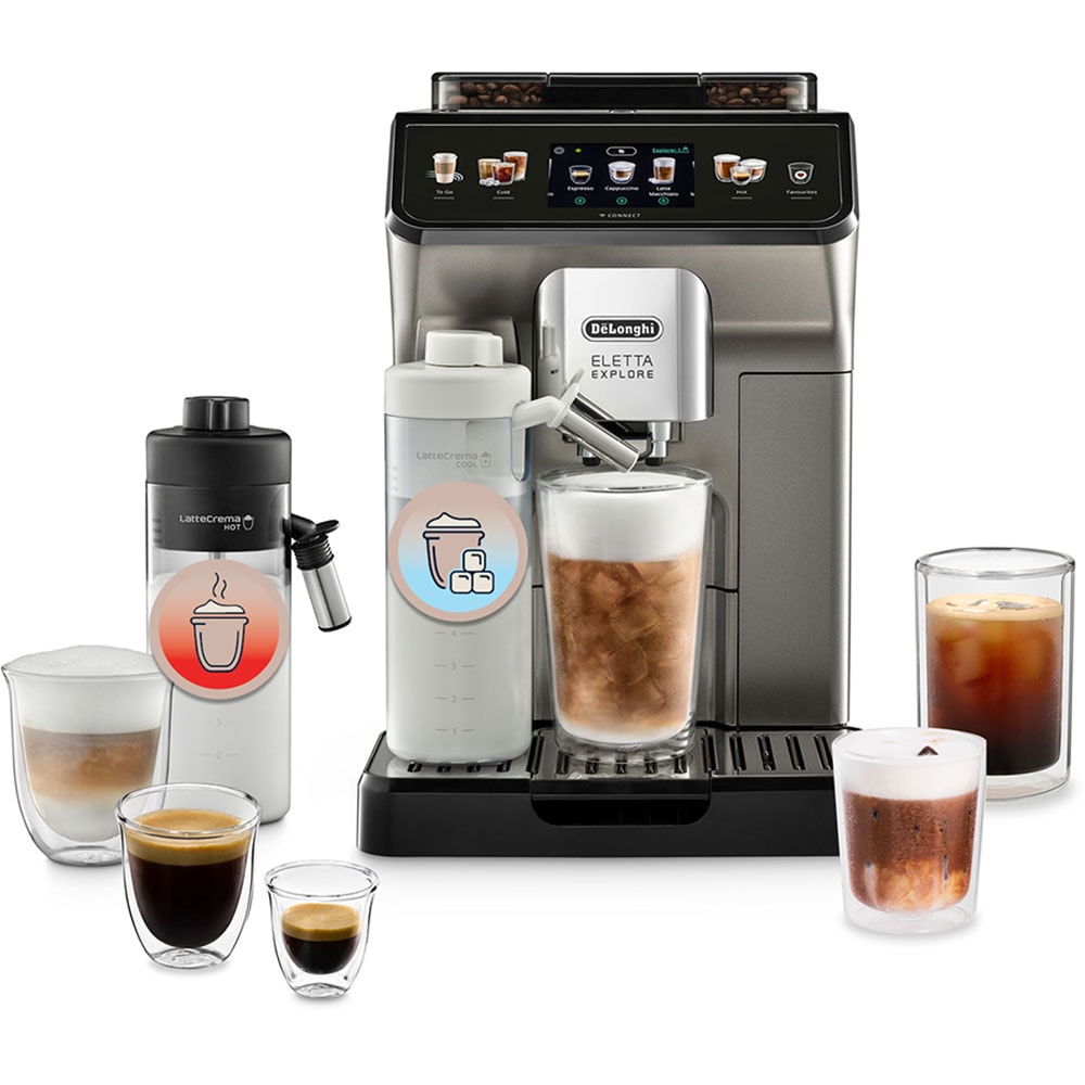 Espressor automat DELONGHI Eletta Explore ECAM 450.86.T, 1.8l, 1450W, 19 bar, 50+bauturi calde si reci, argintiu inchis-negru