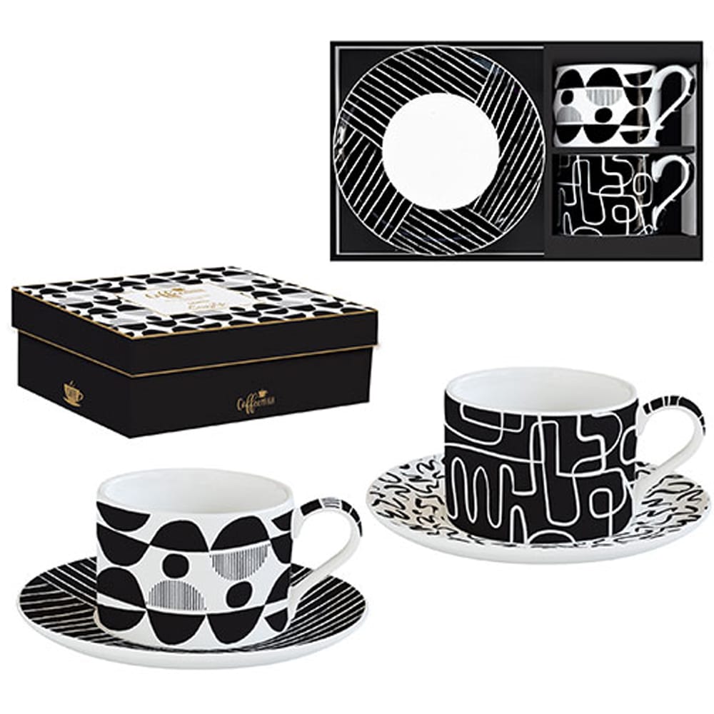 Set cani EASYLIFE Atmosphere, 4 piese, portelan, alb-negru