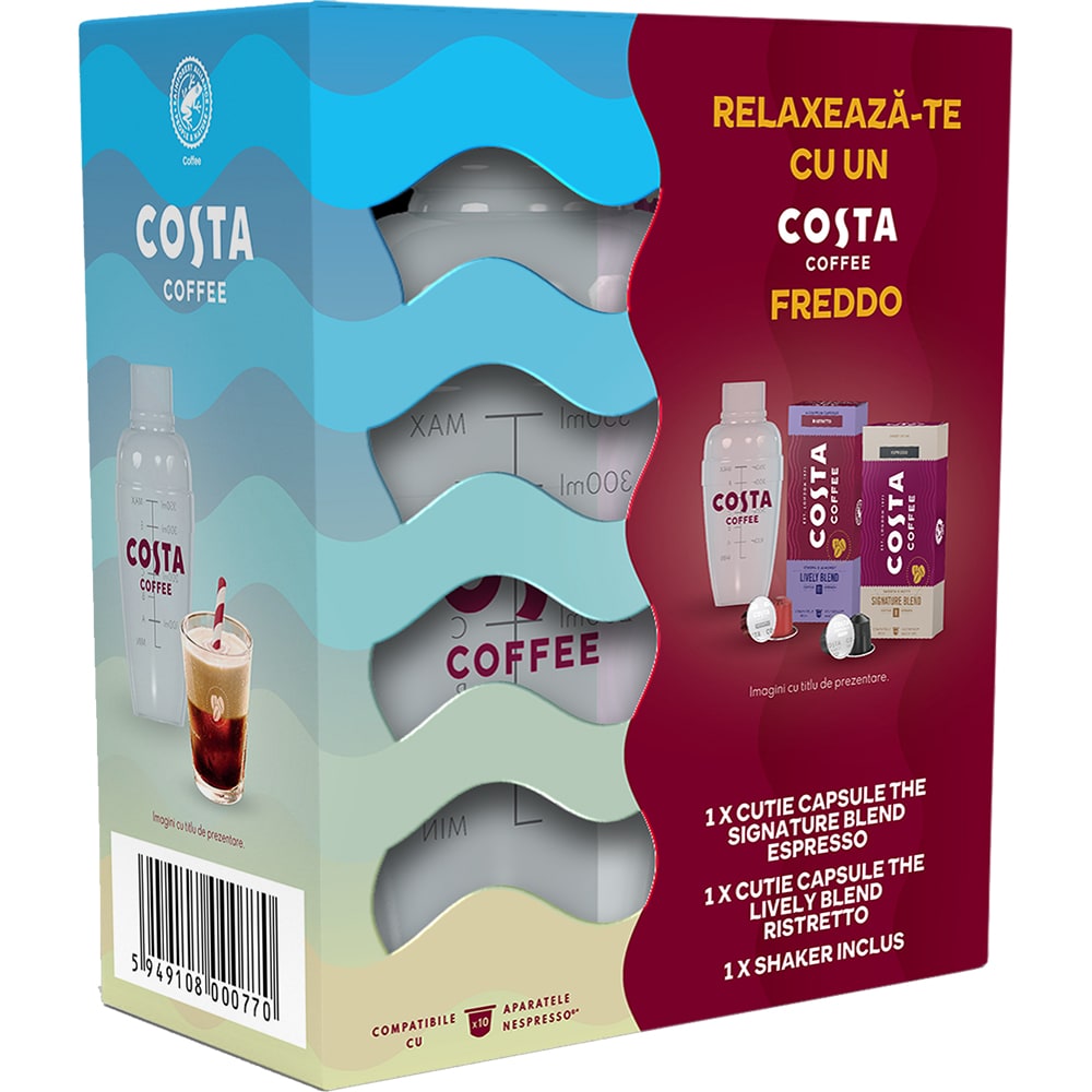 Pachet capsule cafea COSTA COFFEE Freddo, compatibile Nespresso, 20 capsule, Shaker, 114g