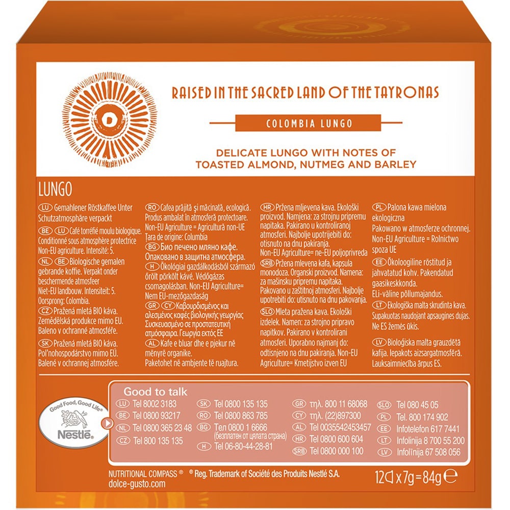 Capsule cafea NESCAFE Lungo Columbia BIO, compatibile Dolce Gusto, 12 capsule, 84g