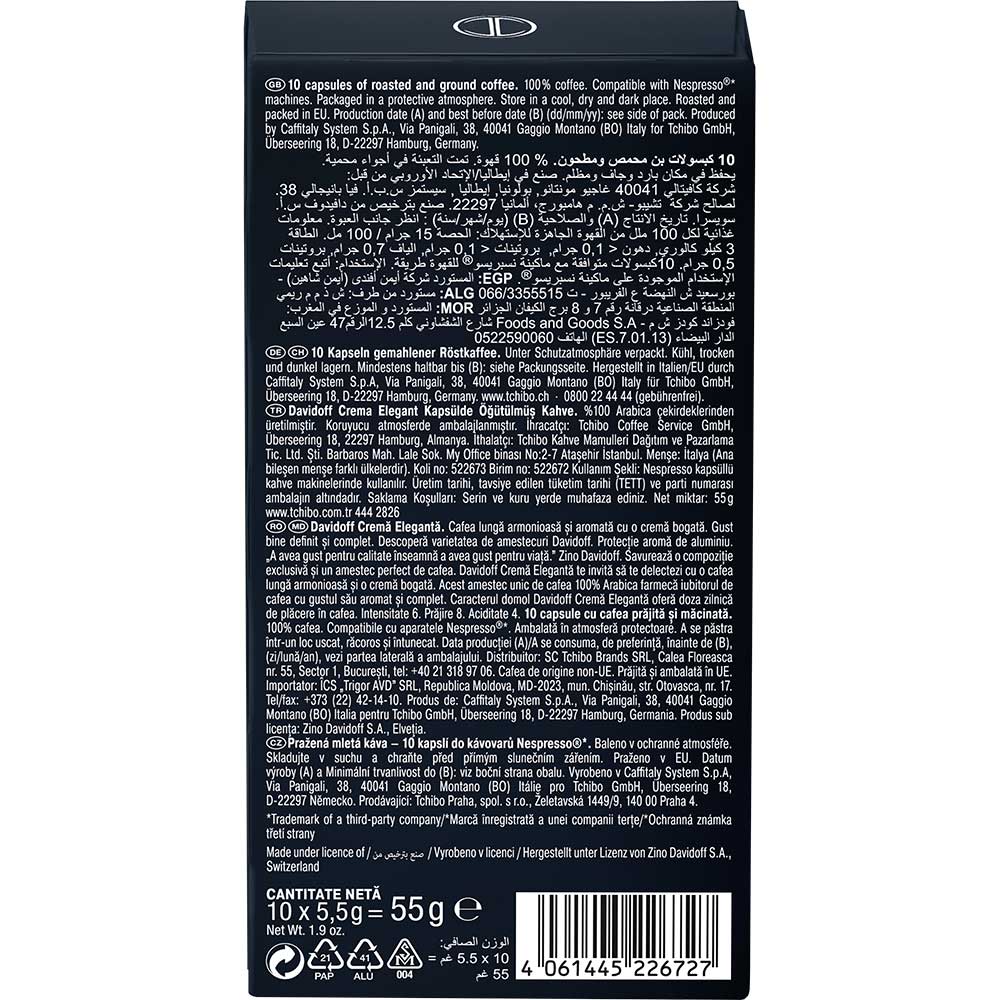 Capsule cafea DAVIDOFF Cafe Crema Lungo, compatibile Nespresso, 10 capsule, 55g