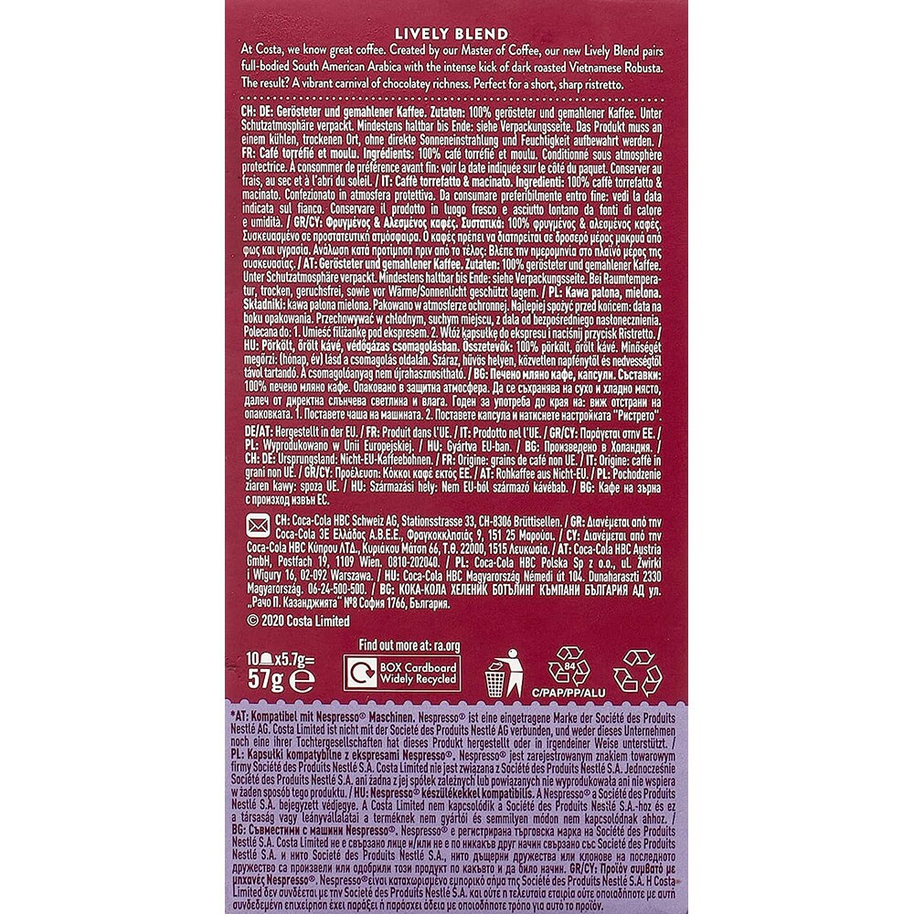 Capsule cafea COSTA COFFEE Lively Blend Ristretto, compatibile Nespresso, 10 capsule, 57g