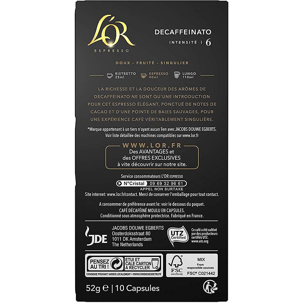 Capsule cafea L'OR Espresso Decaffeinato, compatibile Nespresso, 10 capsule, 52g