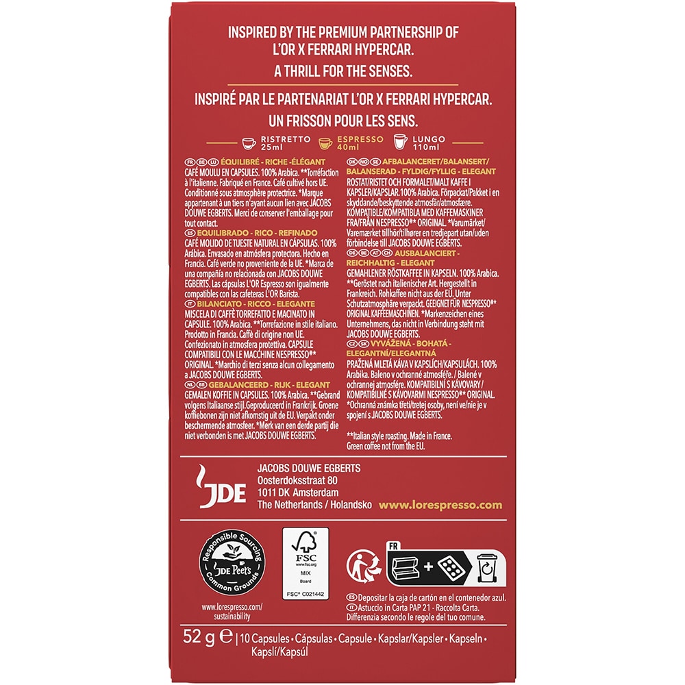 Capsule cafea L'OR Passione Rossa Maranello Espresso, compatibile Nespresso, 10 capsule, 52g