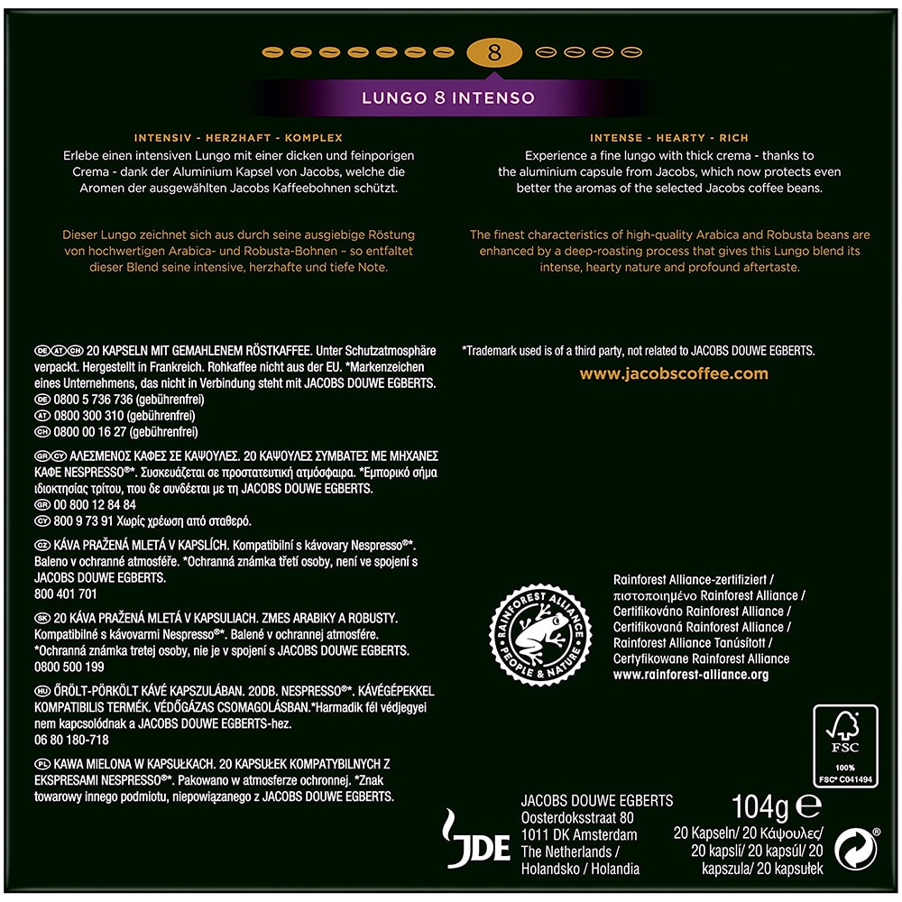 Capsule cafea JACOBS Lungo Intenso 8, compatibile Nespresso, 20 capsule, 104g