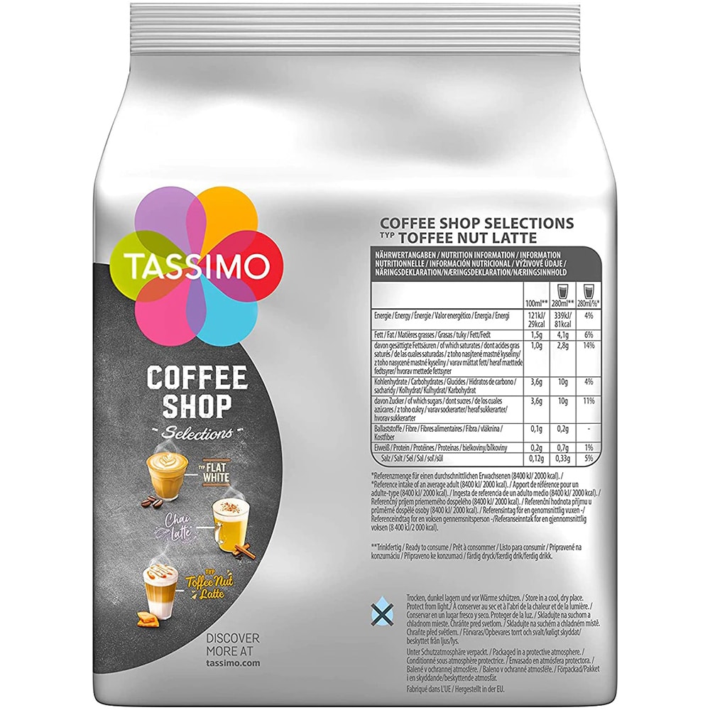 Capsule cafea TASSIMO Jacobs Coffee Shop Toffee Nut Latte, 8 capsule cafea + 8 capsule lapte, 268g
