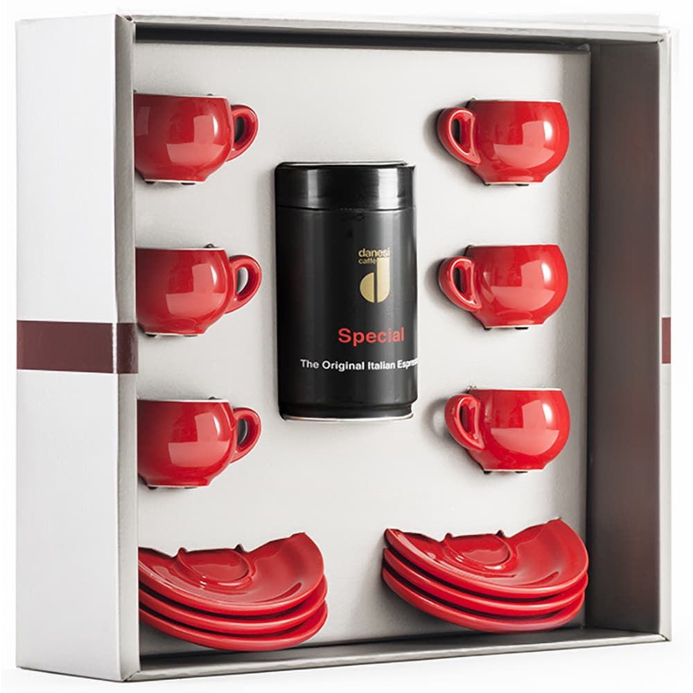 Set cafea macinata DANESI CAFFE 250g + 6 cesti espresso, rosu